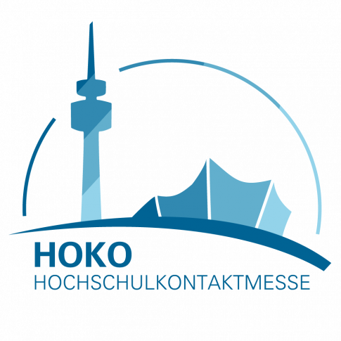 Das blaue Logo der HOKO zeigt schemenhaft die Skyline des Olympiaparks. Darunter befindet sich der blaue Schriftzug 